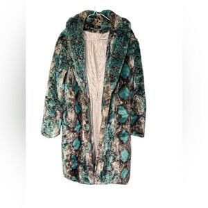 L&B Lucky & Blessed Luxurious Faux Fur Coat in Teal and Brown snakeskin small